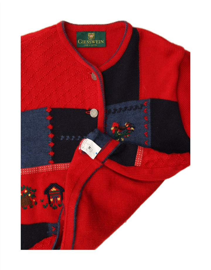 GIESSWEIN Pulover cardigan pentru femei UK 12 Medium Red Patchwork Lână virgină