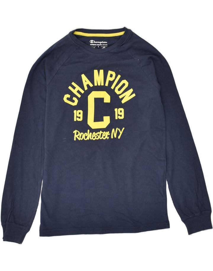 CHAMPION Boys Graphic Top Long Sleeve 11-12 Years Large Navy Blue | Vintage Champion | Thrift | Second-Hand Champion | Used Clothing | Messina Hembry 