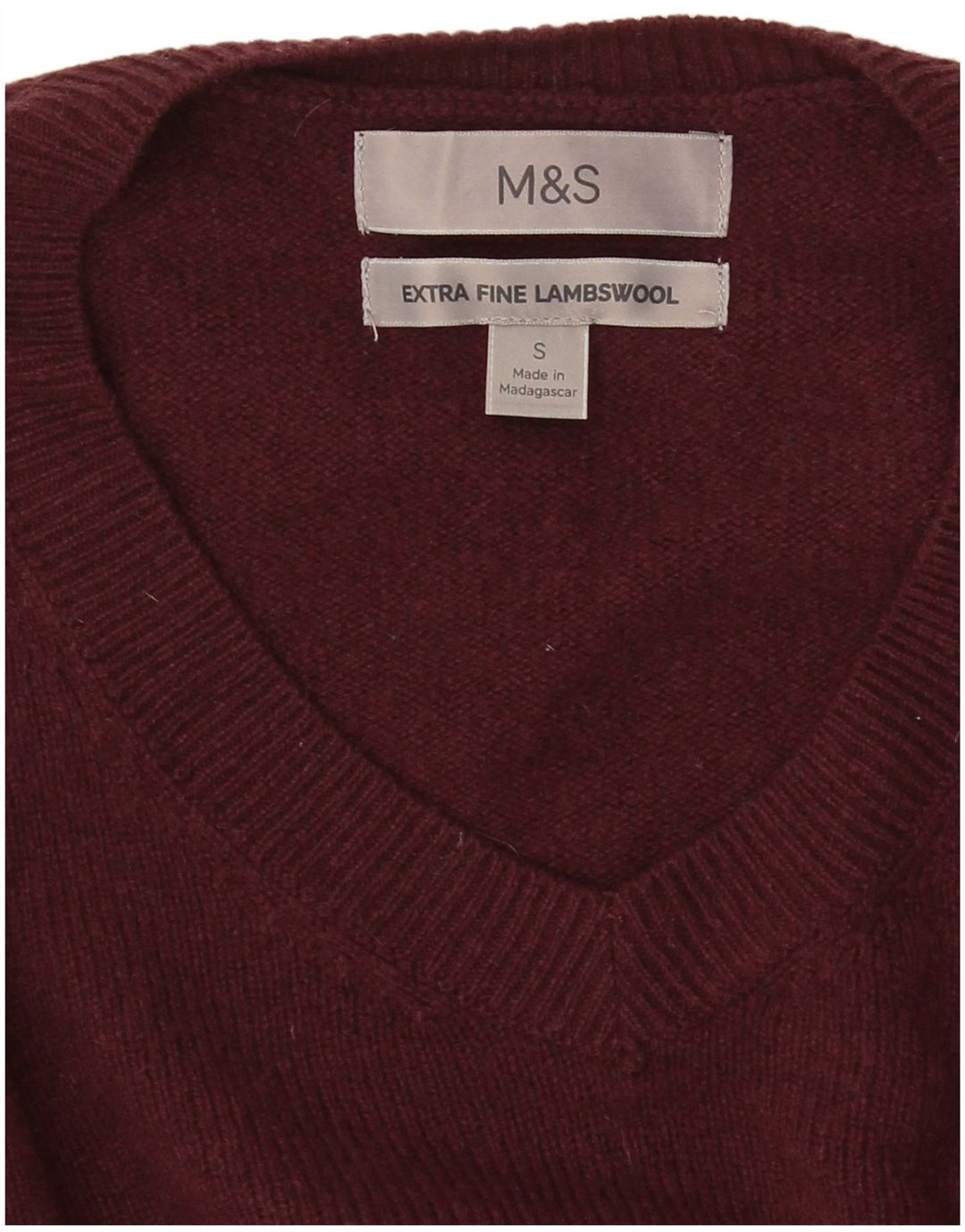 Pulover pentru bărbați Marks & Spencer, cu decolteu în V, din lână de miel burgundă mică