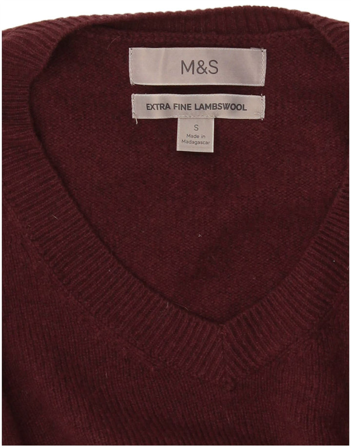 Pulover pentru bărbați Marks & Spencer, cu decolteu în V, din lână de miel burgundă mică