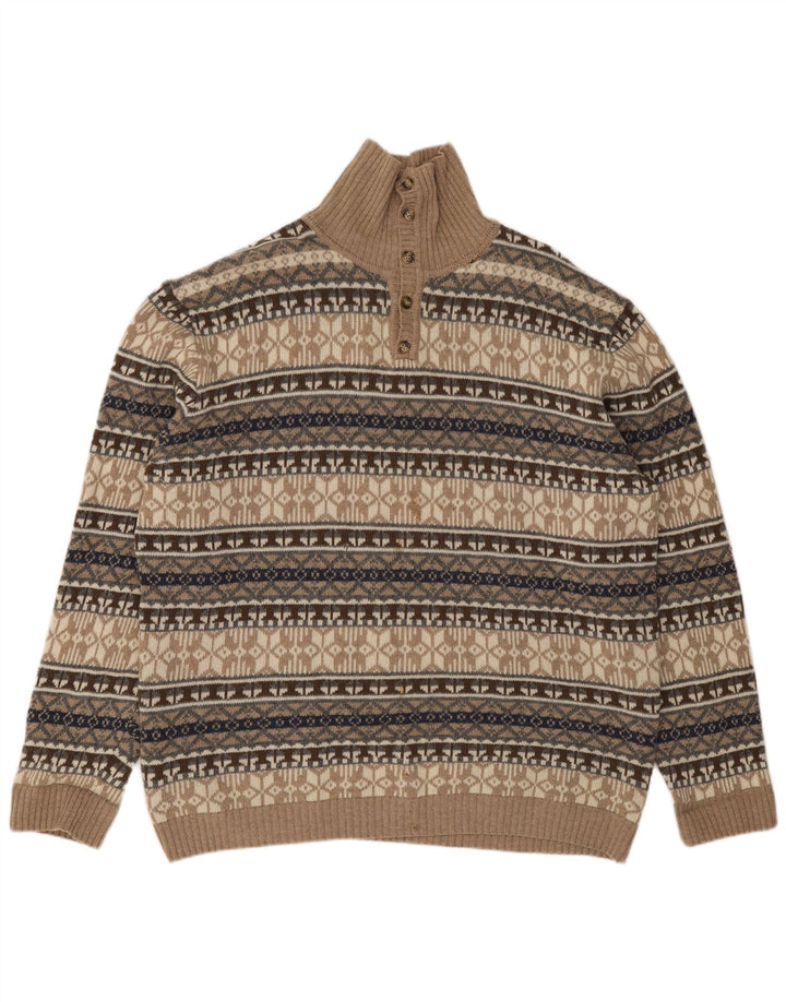 Pulover vintage pentru bărbați cu gât cu nasturi, 4XL, bej, lână de miel Fair Isle