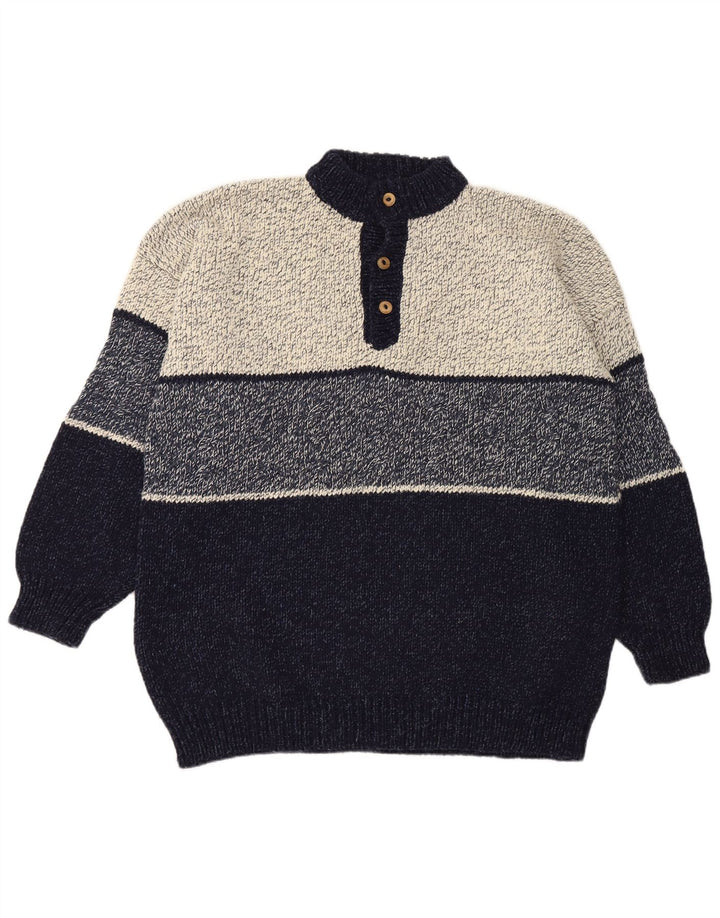 Pulover vintage pentru bărbați cu gât cu nasturi, 2XL, albastru bleumarin