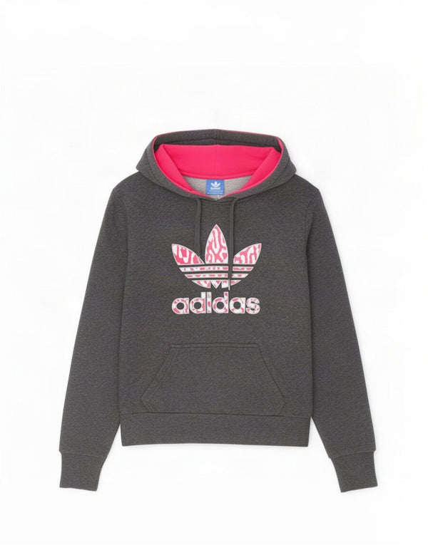 Pulover cu glugă cu grafic Adidas pentru femei UK 12, bumbac gri mediu