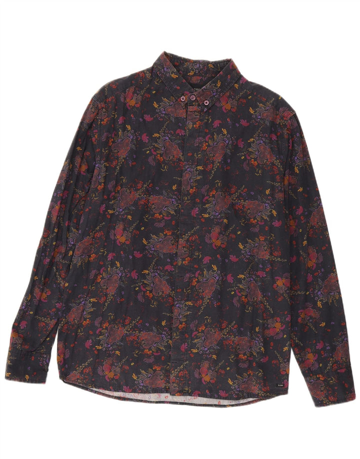 Cămașă Vintage bărbați mare, neagră, florală, bumbac