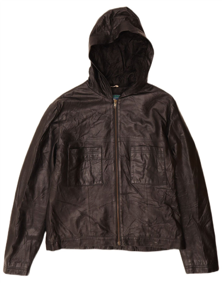 Jachetă de piele vintage pentru femei cu glugă IT 46 din piele neagră mare