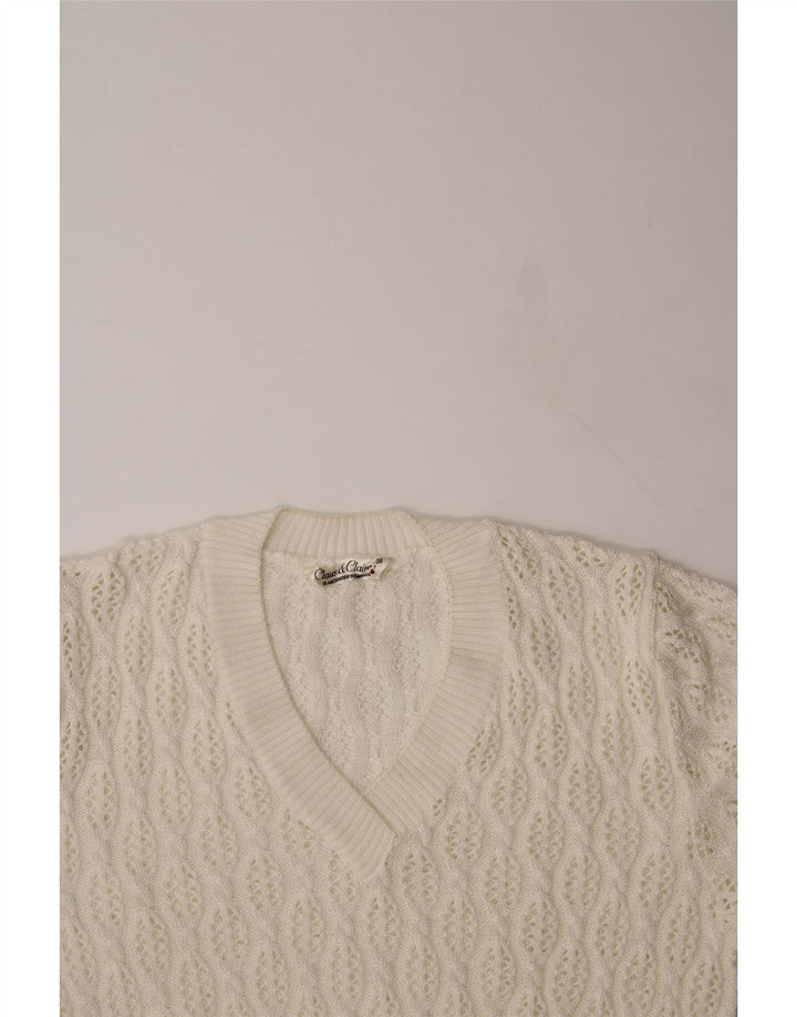 VINTAGE Womens Short Sleeve V-Neck Jumper Sweater EU 38 Medium White Vintage Vintage and Second-Hand Vintage from Messina Hembry 