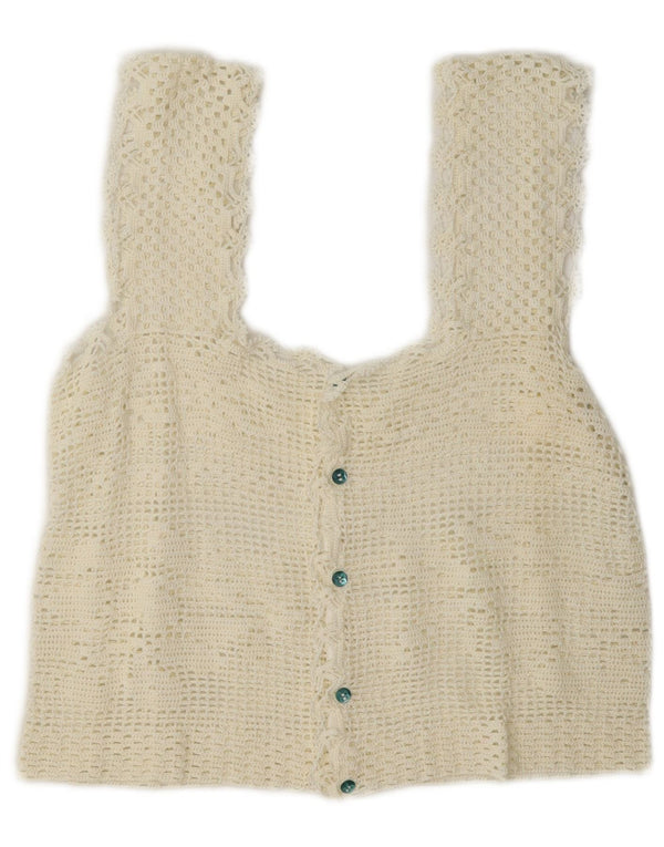 Crop Top fără mâneci din croșetat vintage pentru femei UK 12 Medium Off White