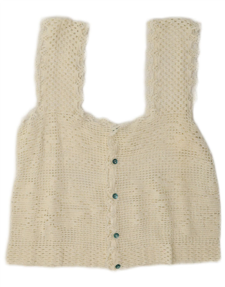 Crop Top fără mâneci din croșetat vintage pentru femei UK 12 Medium Off White