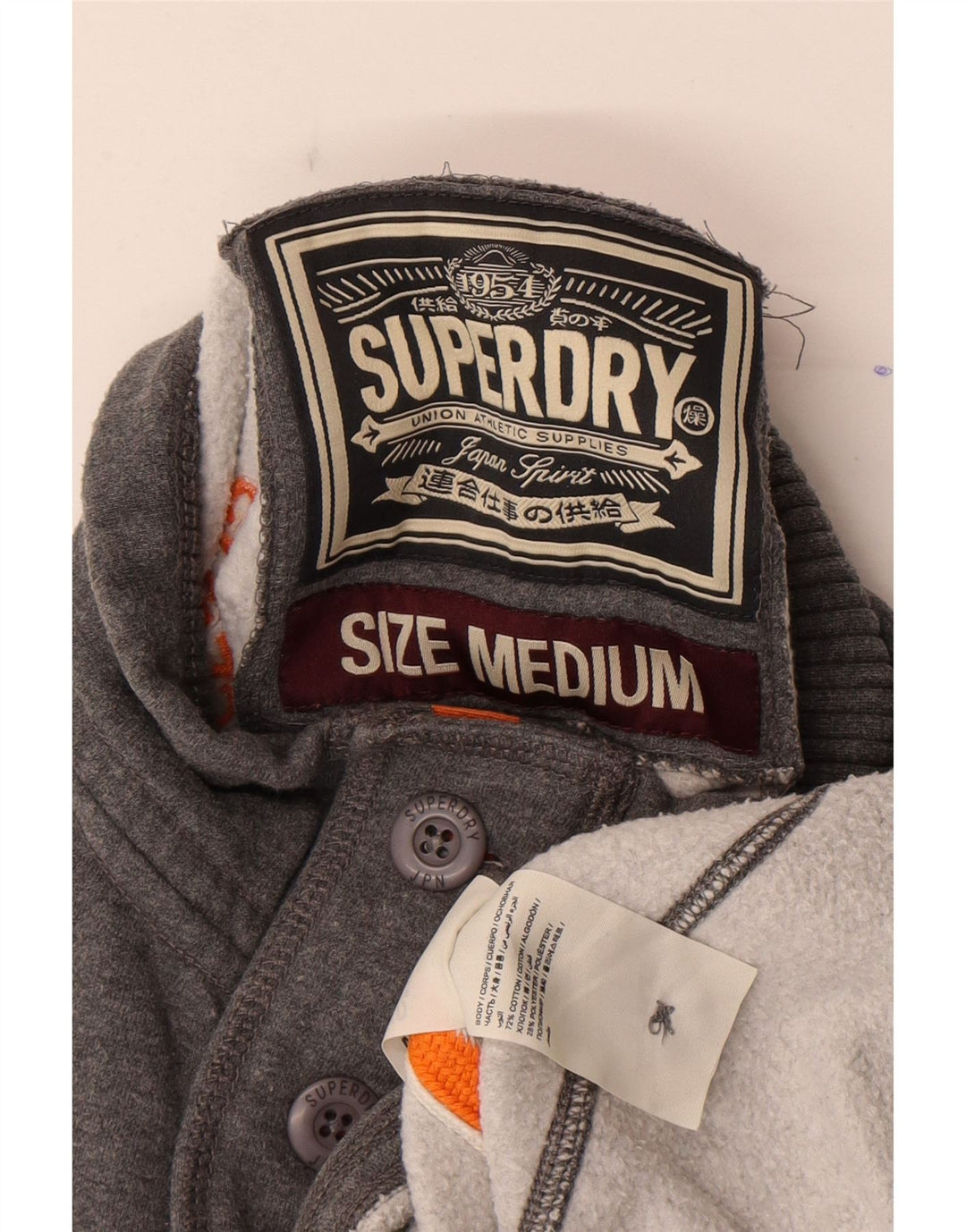 Pulover Superdry pentru bărbați, cu gât cu nasturi, bumbac mediu gri