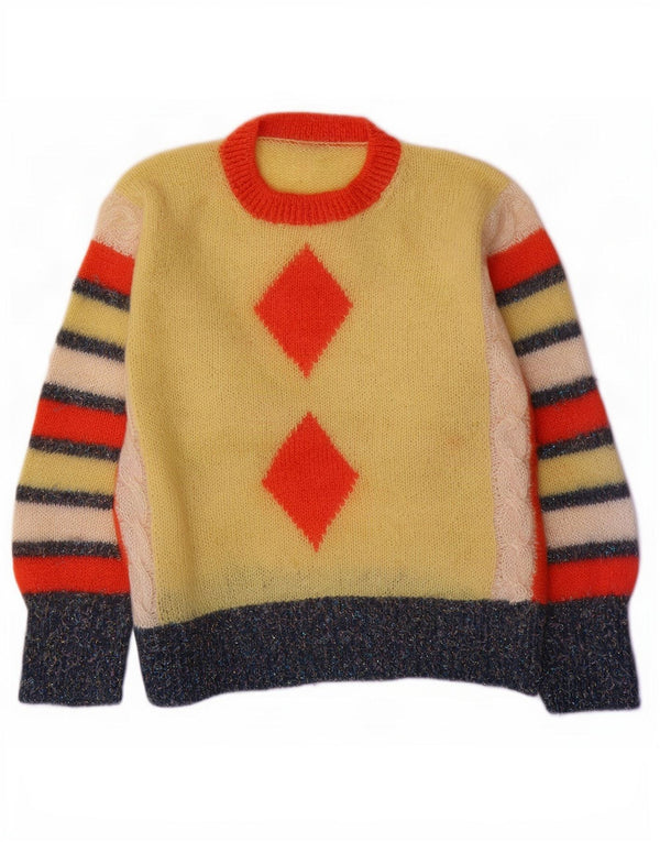 Pulover vintage pentru femei cu decolteu rotund UK 16 Large Yellow Argyle/Diamond