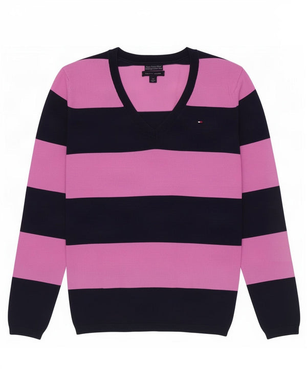 Pulover pentru femei Tommy Hilfiger cu decolteu în V UK 10 mic bumbac cu dungi roz