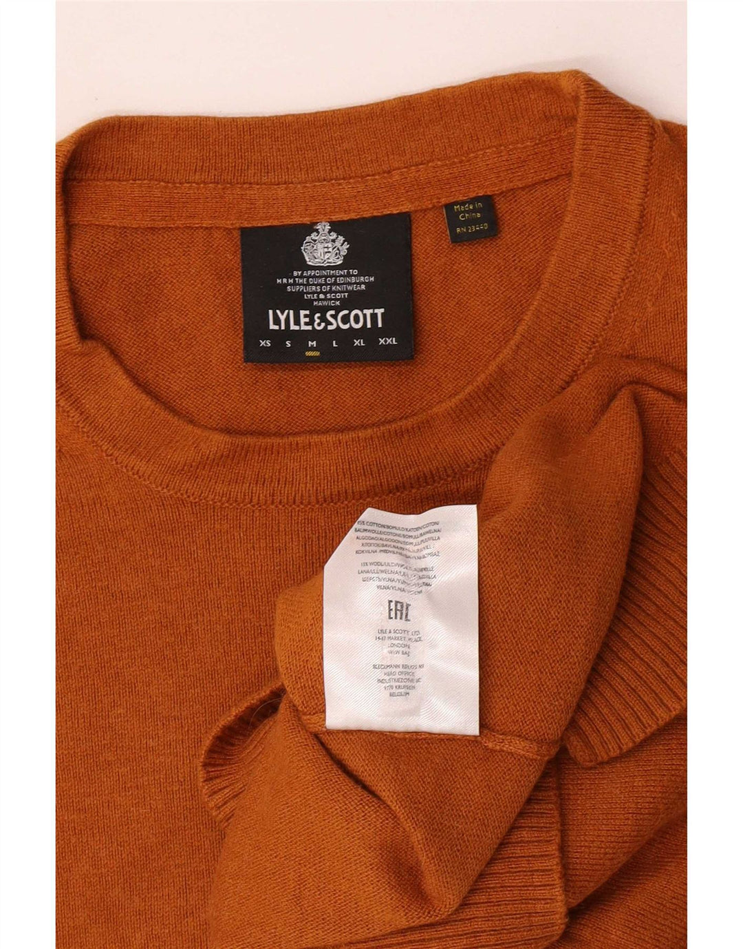 Pulover Lyle & Scott pentru bărbați, cu gât roșu, bumbac portocaliu mediu