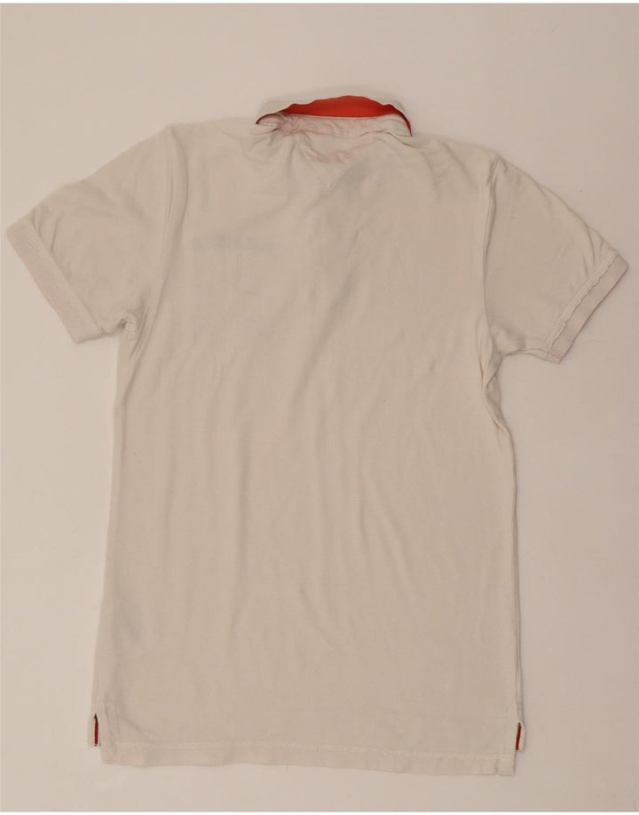 TOMMY HILFIGER Mens Graphic Polo Shirt Small White Cotton Vintage Tommy Hilfiger and Second-Hand Tommy Hilfiger from Messina Hembry 