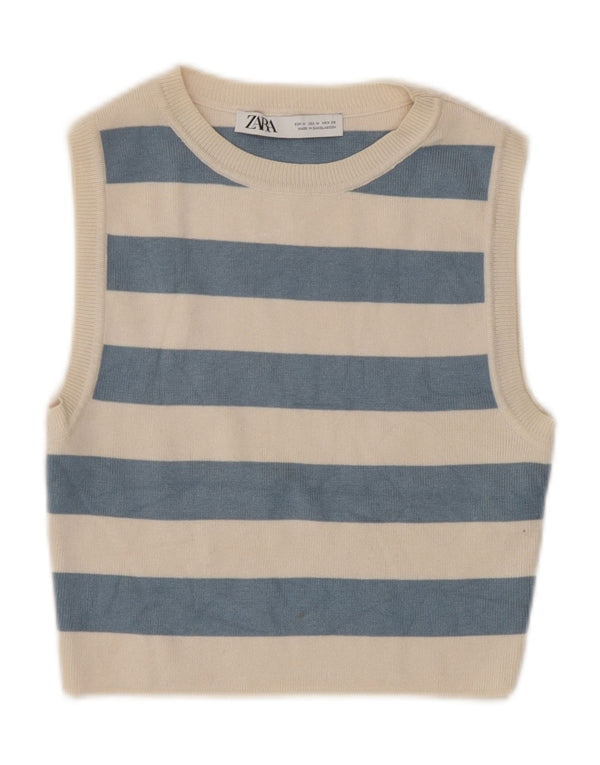 Zara Womens Crop Top UK 12 Medium Beige Striped Viscose