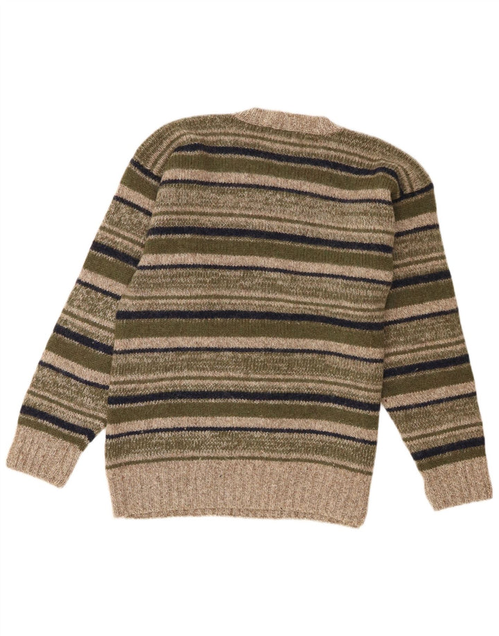 Pulover vintage pentru bărbați cu decolteu în V, lână mare cu dungi kaki