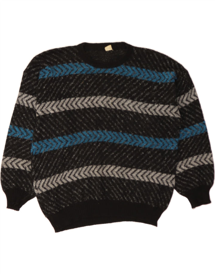 VINTAGE Mens Crew Neck Jumper Sweater XL Black Striped Vintage Vintage and Second-Hand Vintage from Messina Hembry 