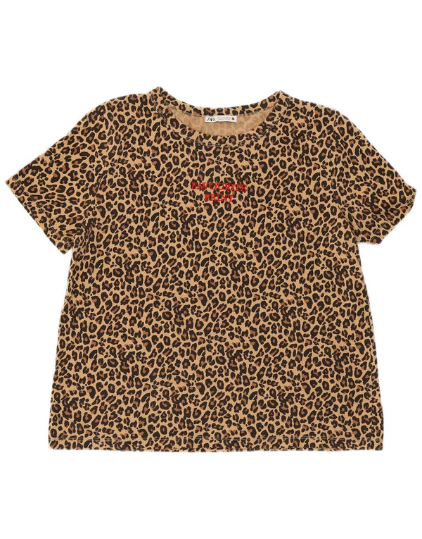 Tricou cu grafic crop ZARA pentru femei Top UK 16 mare, bej, imprimeu animal