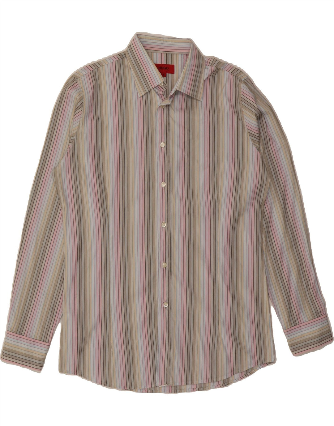 HUGO BOSS Mens Shirt Medium Multicoloured Striped Polyester Vintage Hugo Boss and Second-Hand Hugo Boss from Messina Hembry 