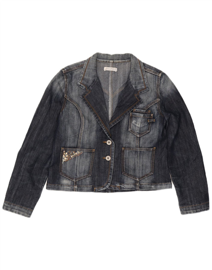 Jachetă vintage pentru femei din denim cu 2 nasturi, UK 14, albastru bleumarin mediu