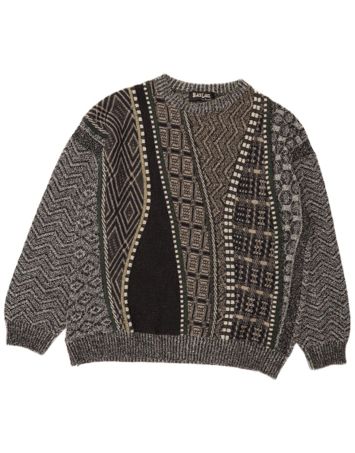 Pulover vintage pentru bărbați cu gât roșu XL din lână de alpaca mozaic gri