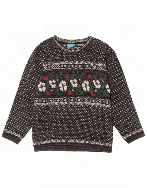 Vintage Pulover cu gât de barcă pentru femei UK 14 Medium Gri Bumbac Floral