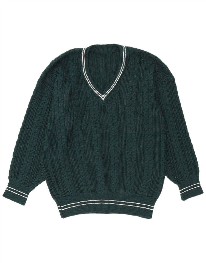 Pulover vintage pentru bărbați cu decolteu în V, cu dungi mari, verzi