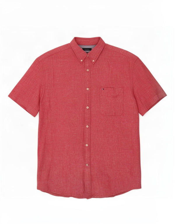 Tommy Hilfiger Mens Short Sleeve Custom Fit Shirt XL Red Cotton