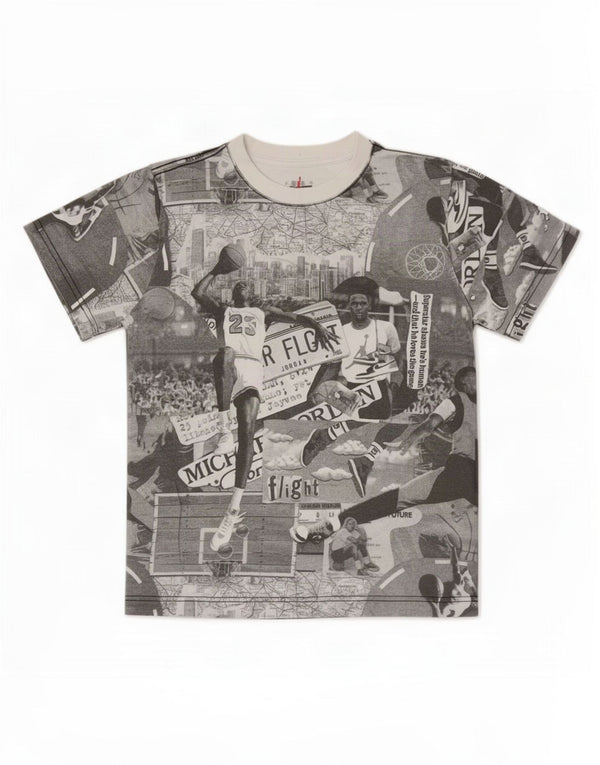Tricou grafic Jordan pentru băieți Top 10-11 ani, gri mediu, bumbac mozaic