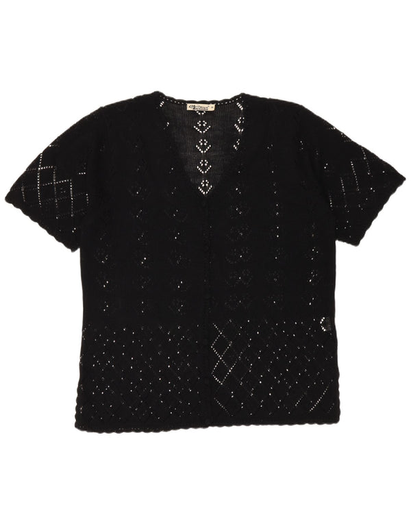 Cardigan vintage cu mânecă scurtă din croșetat pentru femei UK 20 2XL bumbac negru