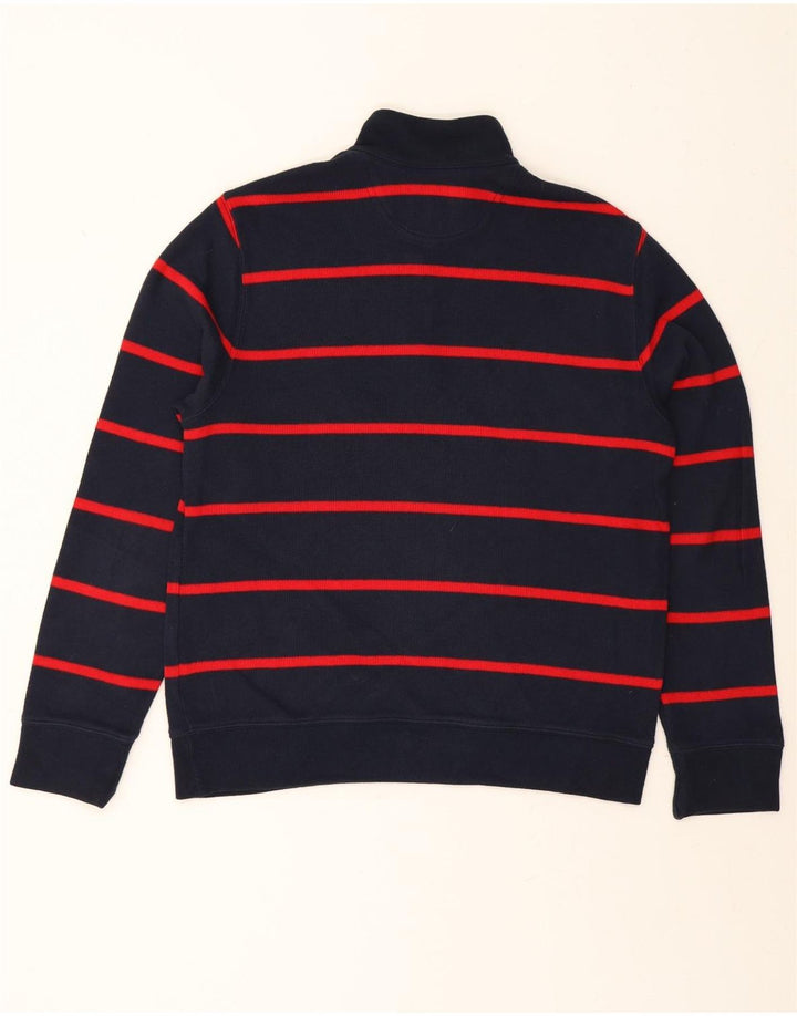 LANDS END Mens Zip Neck Jumper Sweater Medium Navy Blue Striped Cotton Vintage Lands End and Second-Hand Lands End from Messina Hembry 
