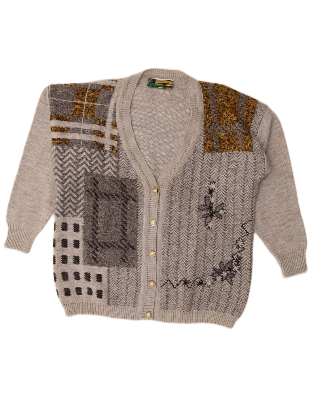 Pulover Cardigan Vintage pentru Damă UK 18 XL Gri Patchwork