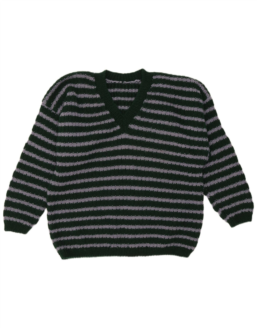 Pulover vintage pentru bărbați cu decolteu în V cu dungi verde mediu