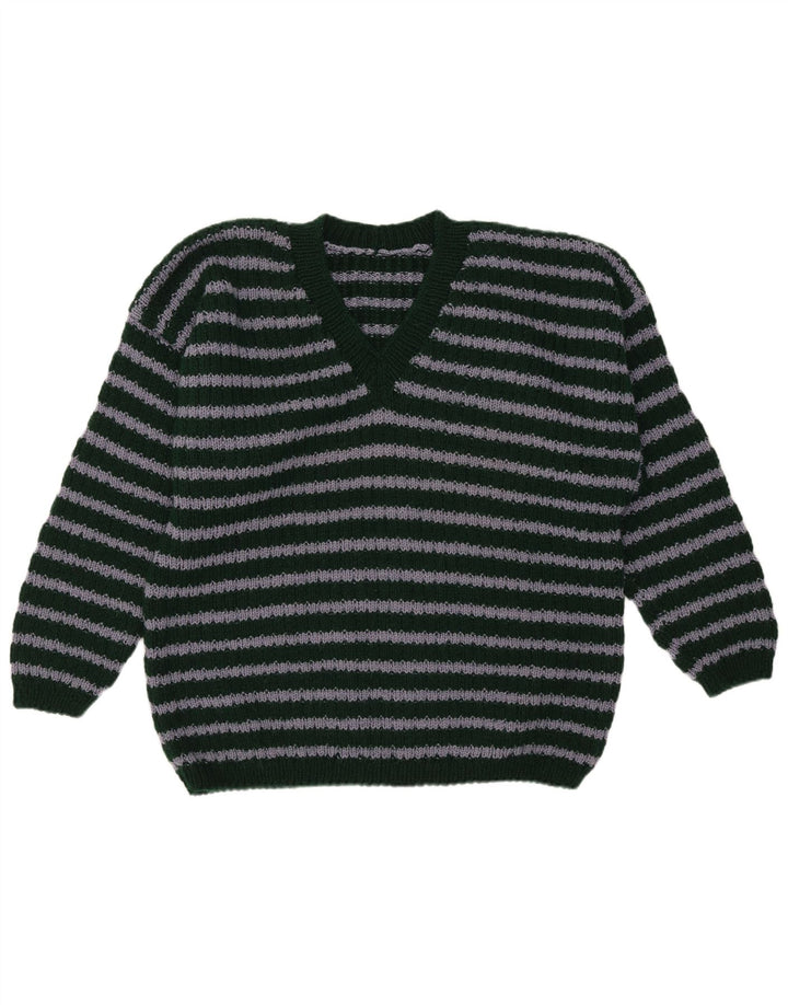 Pulover vintage pentru bărbați cu decolteu în V cu dungi verde mediu