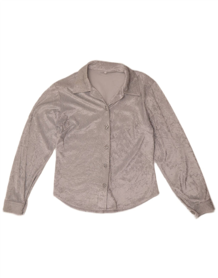 Bluză de cămașă din velur vintage pentru femei UK 12 Poliester gri mediu