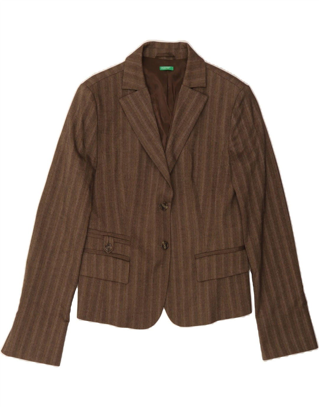 BENETTON Womens 2 Button Blazer Jacket IT 46 Large Brown Striped Polyester Vintage Benetton and Second-Hand Benetton from Messina Hembry 