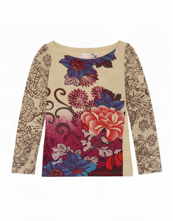 Top grafic pentru femei Desigual cu mânecă lungă UK14 mare, bej, viscoză florală