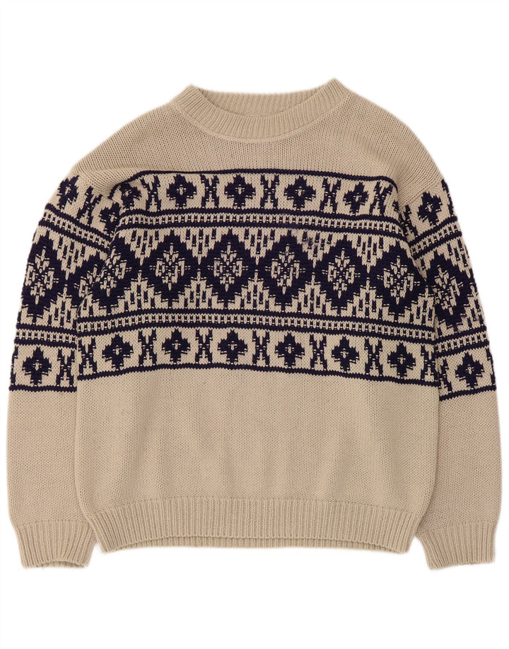Pulover vintage pentru bărbați cu gâtul de barcă, mediu bej, Fair Isle