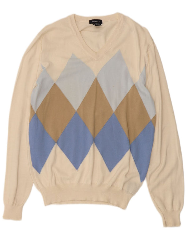 Gant Mens V-Neck Jumper Sweater Medium White Argyle/Diamond Cotton