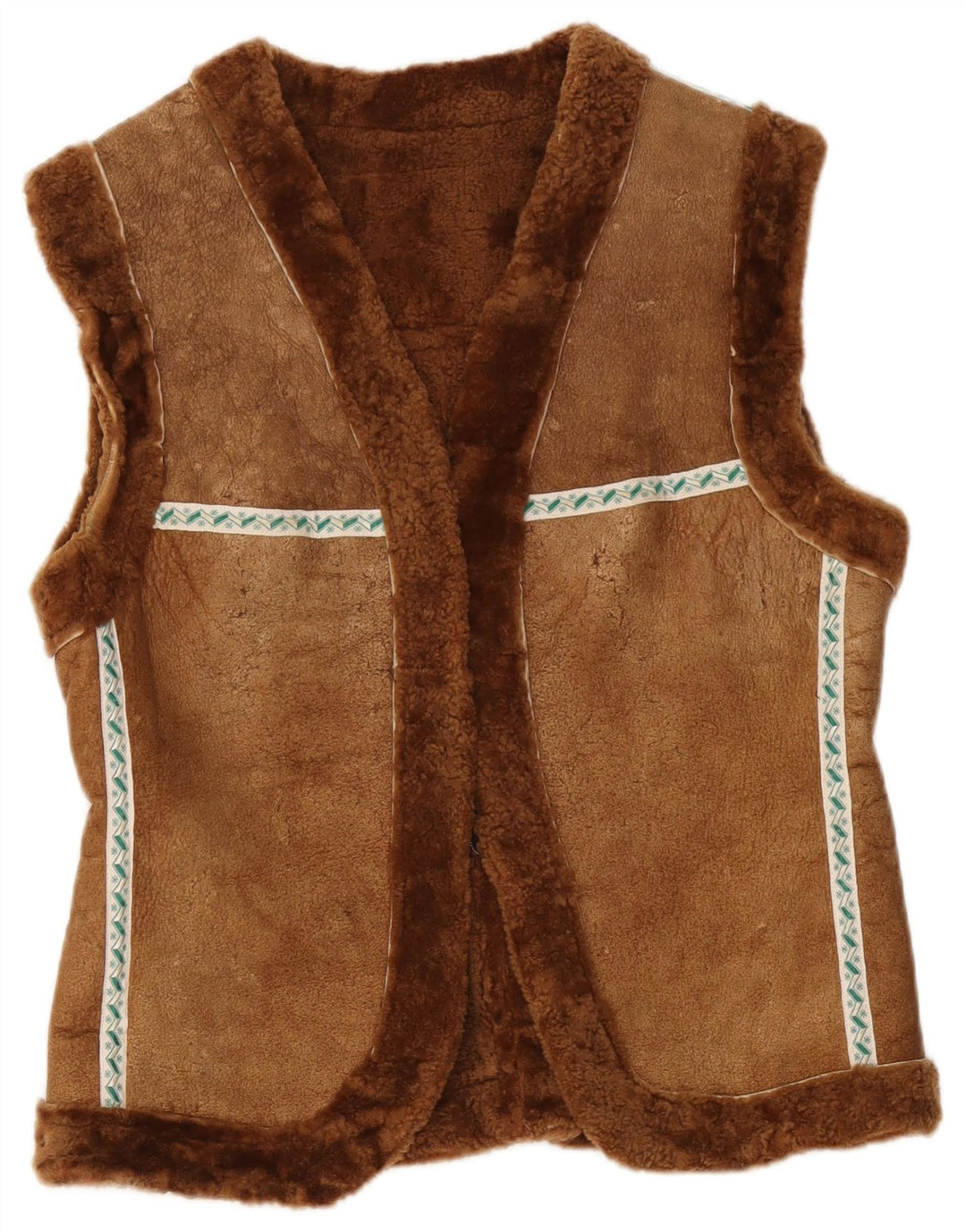 Gilet din shearling vintage pentru femei UK 12 maro mediu geometric