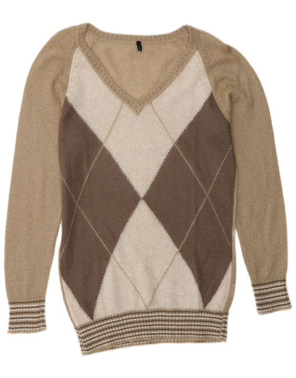 Pulover Benetton pentru femei cu decolteu în V UK 14 Medium Bej Argyle/Diamond