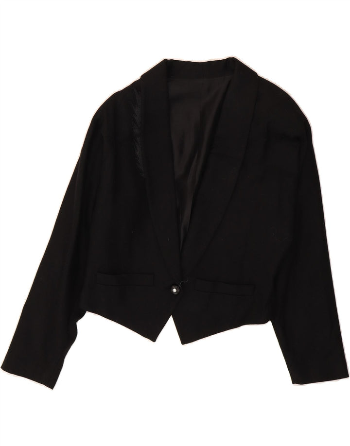 VINTAGE Womens Crop 1 Button Blazer Jacket IT 42 Medium Black Wool Vintage Vintage and Second-Hand Vintage from Messina Hembry 