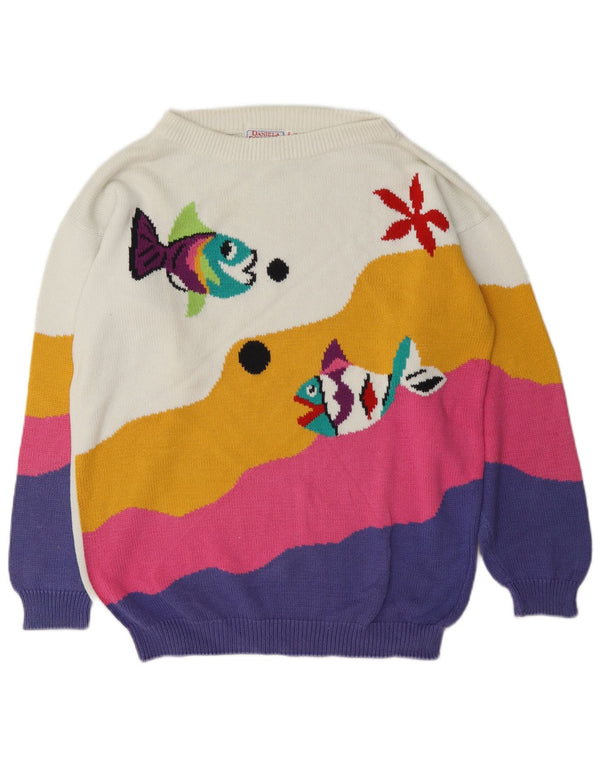 Pulover vintage pentru femei cu gât de barcă EU 46/48 XL, alb, bloc de culoare