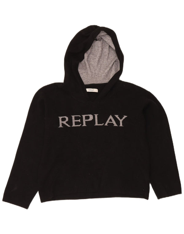 Jumper Replay pentru femei Crop Graphic Hoodie UK 16 mare, negru, viscoză