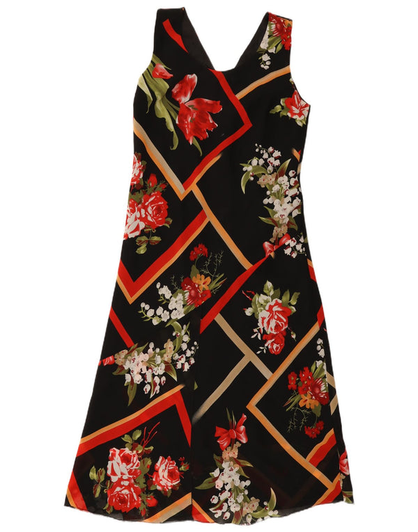 Vintage Womens Sleeveless A-Line Dress UK 14 Large Black Floral Viscose