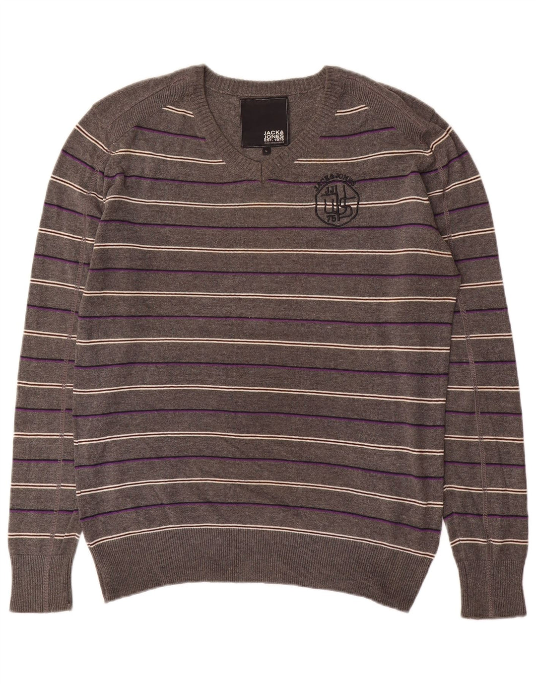 Jack & Jones Pulover cu decolteu în V cu grafic pentru bărbați, cu dungi mari, gri