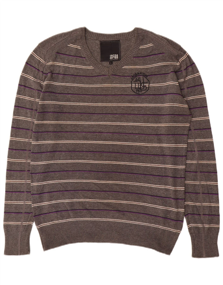 Jack & Jones Pulover cu decolteu în V cu grafic pentru bărbați, cu dungi mari, gri