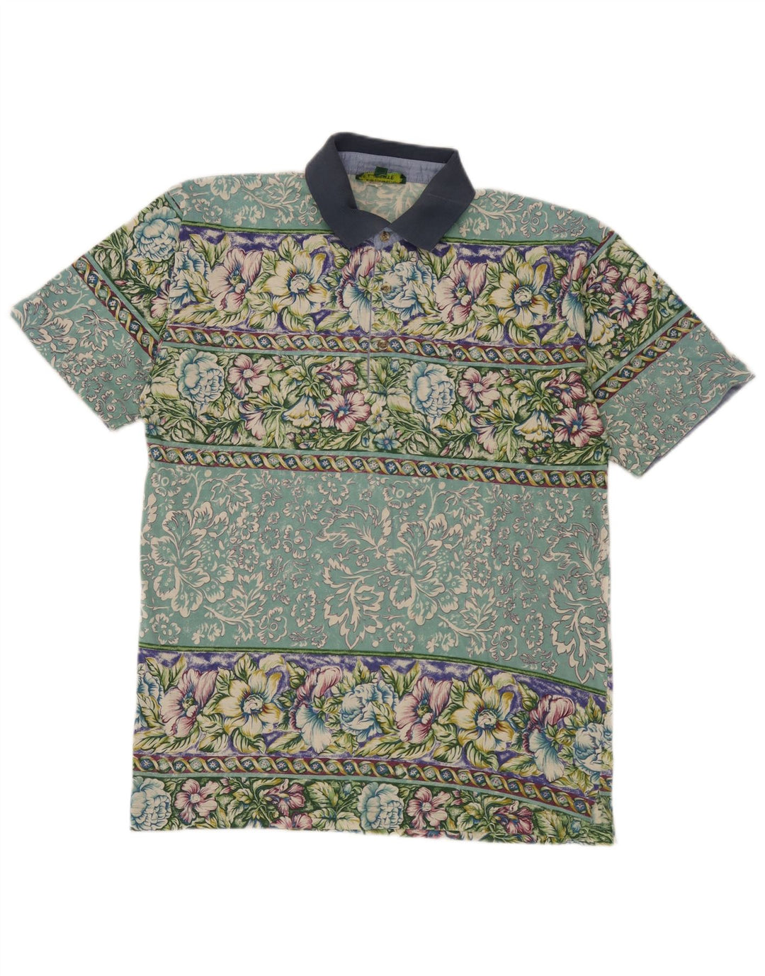 Tricou polo vintage pentru bărbați, bumbac floral verde mediu