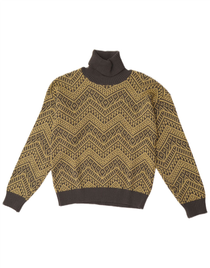 Pulover vintage pentru femei cu gât rulat, UK 14 Medium Yellow Chevron