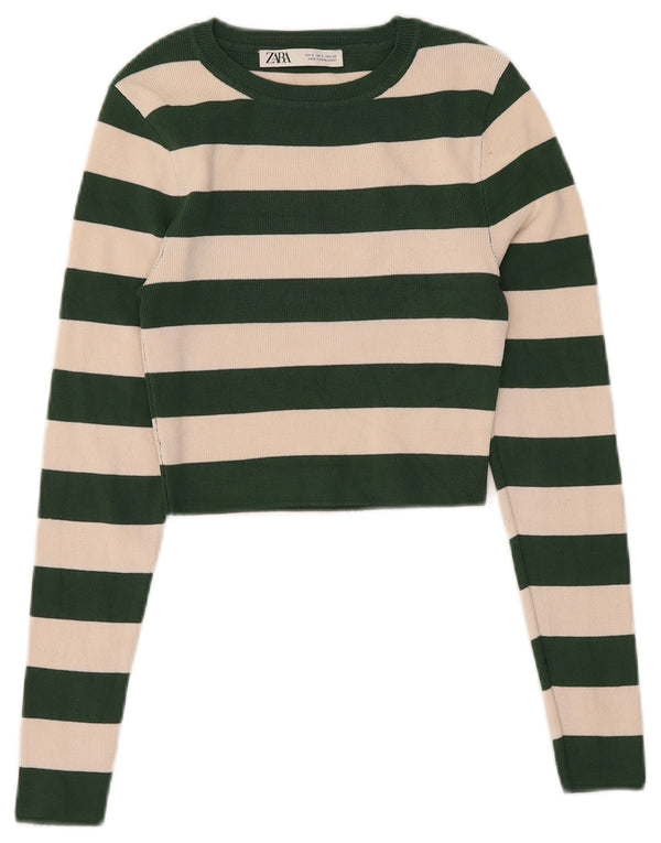 Top Crop pentru Damă Zara cu mânecă lungă UK 8, mic, cu dungi verzi, viscoză