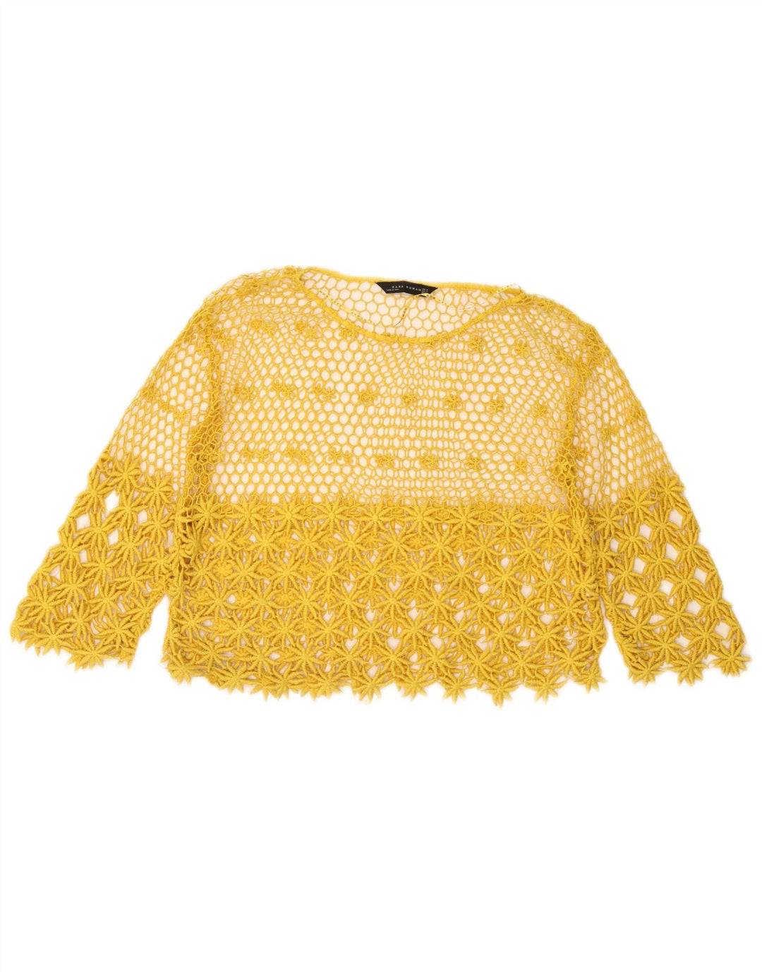 Top cu mâneci 3/4 pentru femei See Through Crochet UK 14 Galben mediu